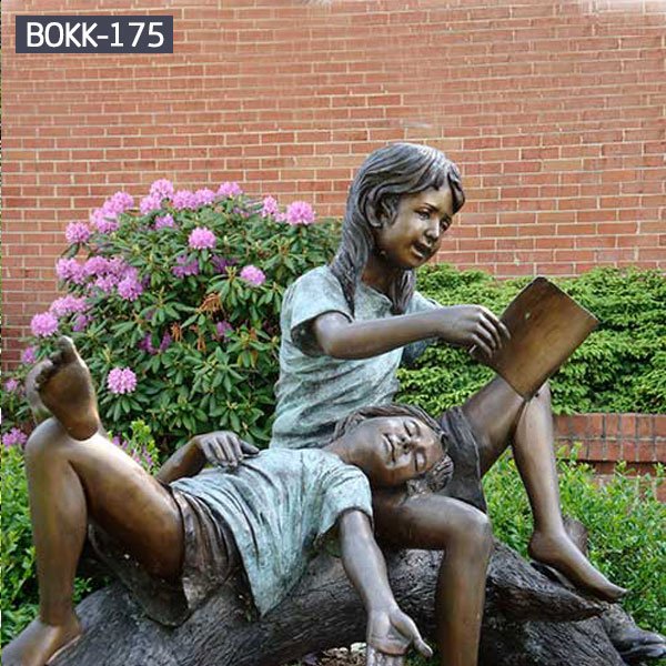 Outdoor children garden statues of little boy and girl bronze casting