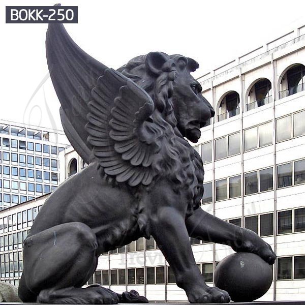 Outdoor Yard Winged Antique Bronze Lion Sculpture With Paw On The Ball For Sale BOKK-250
